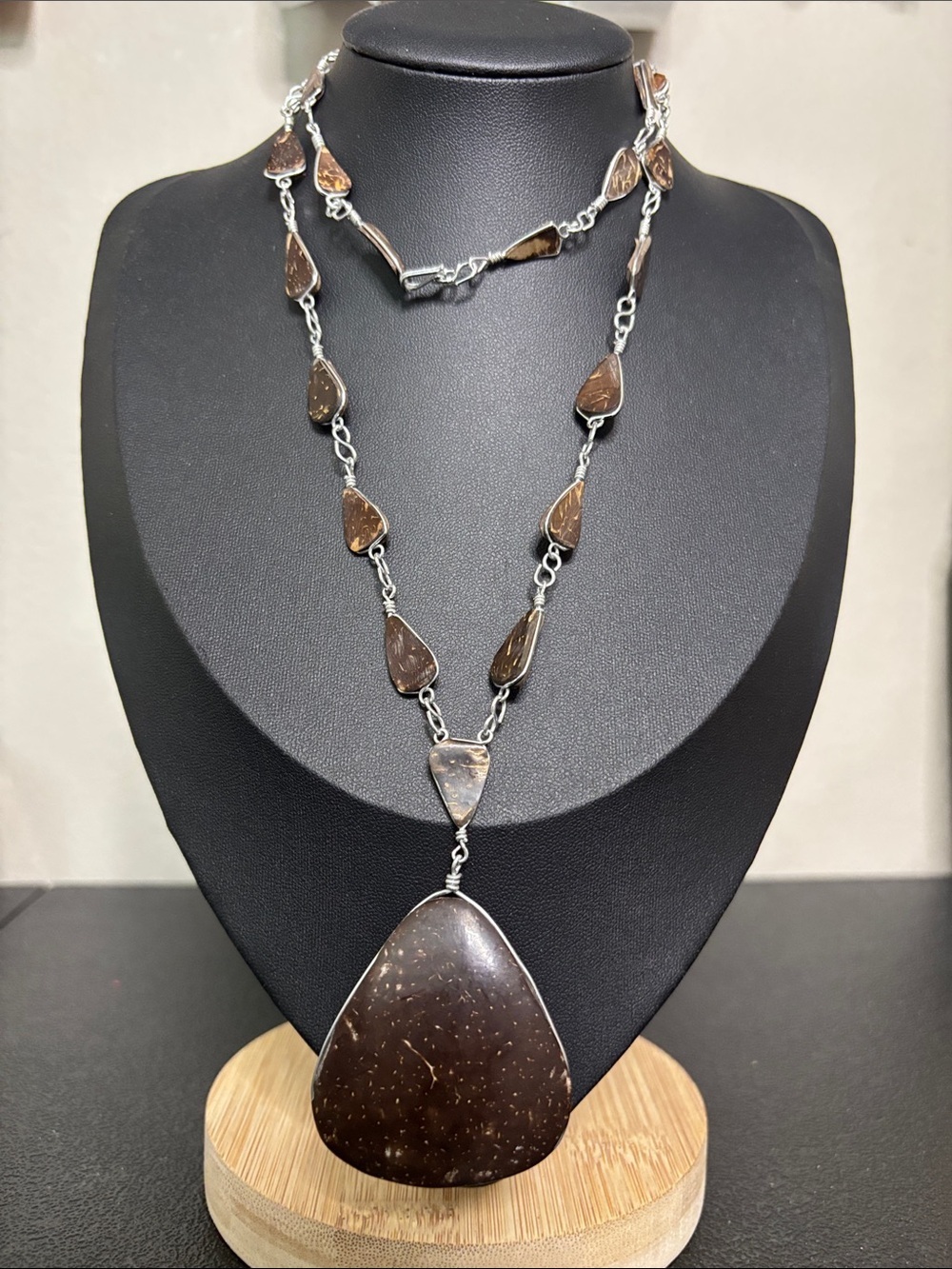 Handcrafted Boho Brown Coconut Shell Teardrop Pendant Necklace Silver Tone